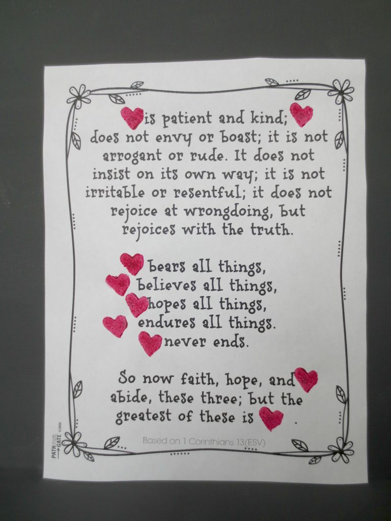 These printables can be used in several different ways to create a 1 Corinthians 13 Craft, perfect for Valentine's Day.|Path Through the Narrow Gate
