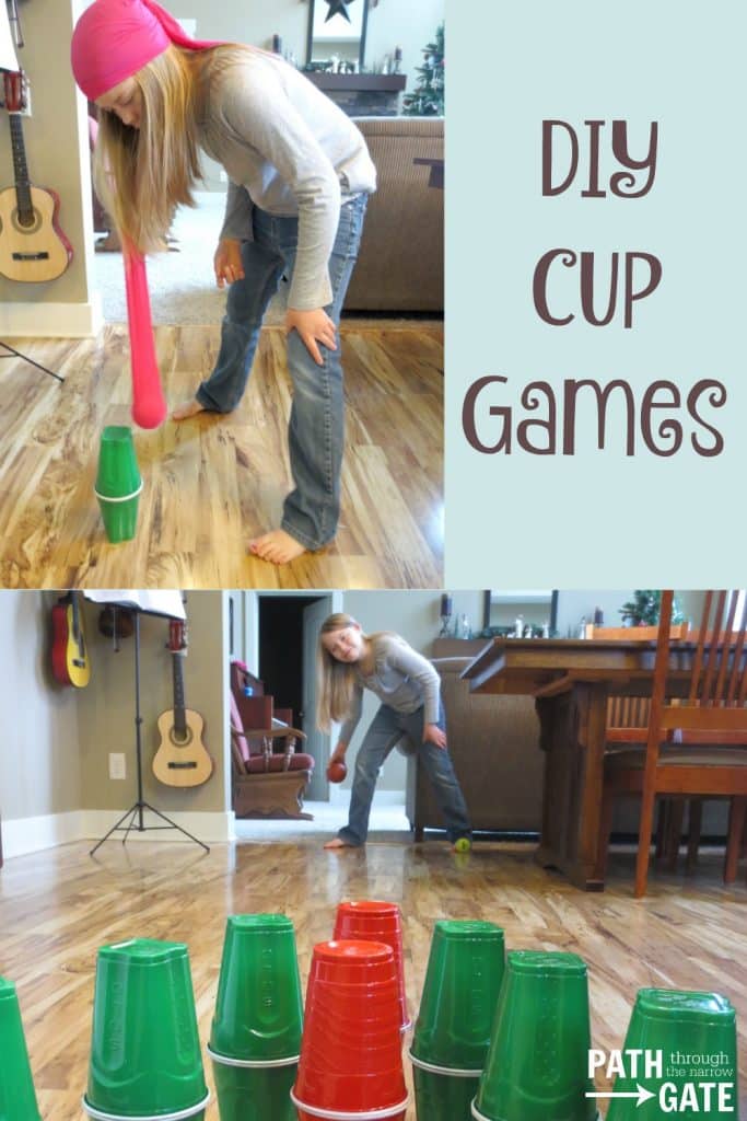 Get your kids active and laughing with these simple to make plastic cup bowling pins. They are great for two active indoor games, perfect for winter play.