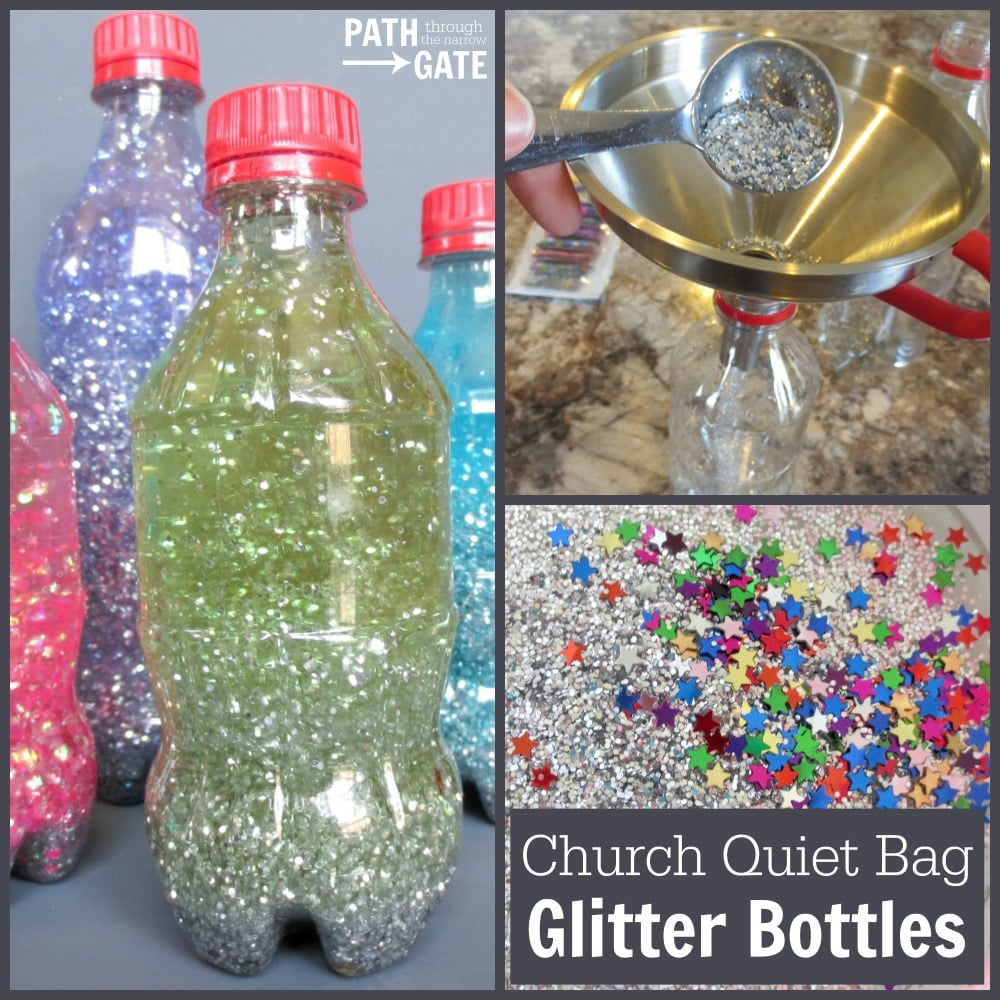 Church Quiet Bag Glitter Bottles|A small glitter bottle is a perfect way to keep young children mesmerized during a church service, long car ride, or even at a doctor's office.|PathThroughTheNarrowGate.com 