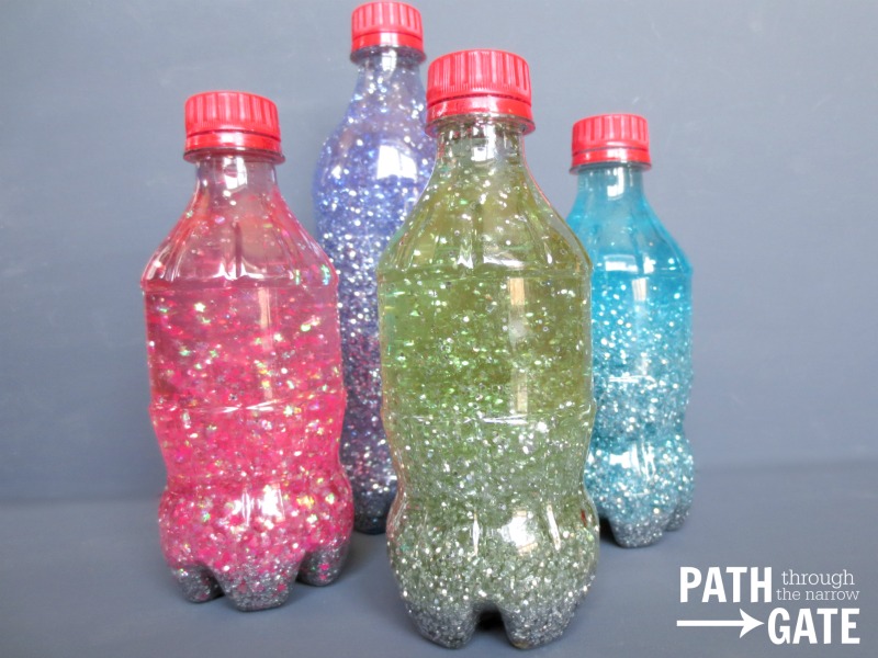 Church Quiet Bag Glitter Bottles|A small glitter bottle is a perfect way to keep young children mesmerized during a church service, long car ride, or even at a doctor's office.|PathThroughTheNarrowGate.com 