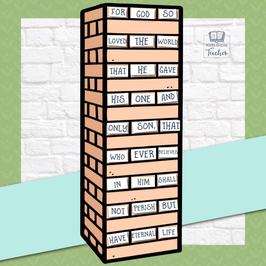 Bible Memory Verse Games for Kids Picture of Bible Verse Words cut apart and taped to Jenga blocks