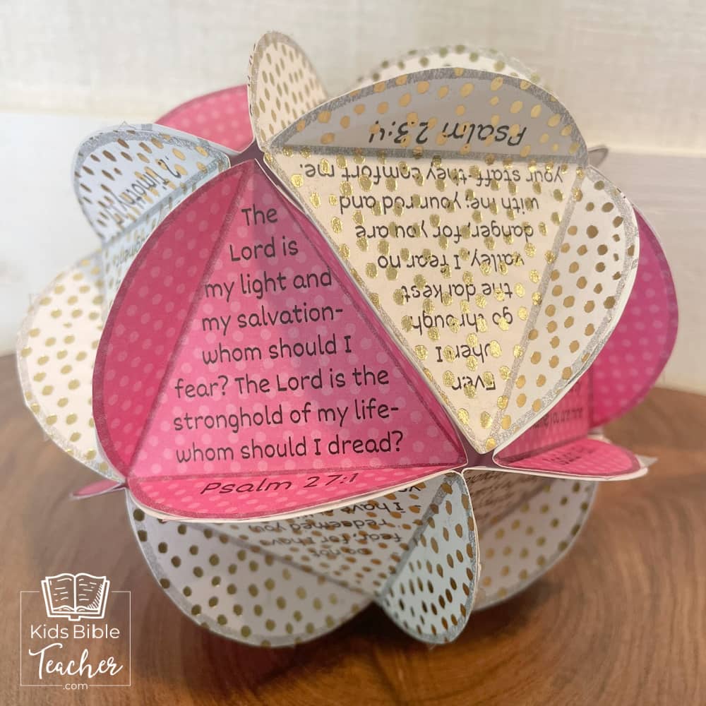 Completed Paper Ball Craft with Bible Verses about Fear in Pink and white and gold