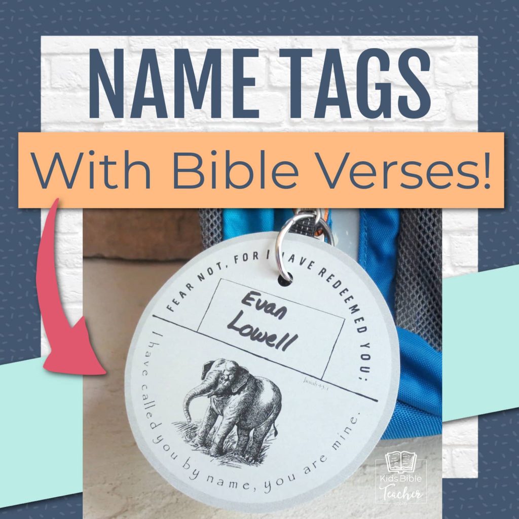 Printable Name Tags with Bible Verses for Kids showing elephant tag with Isaiah 43:1