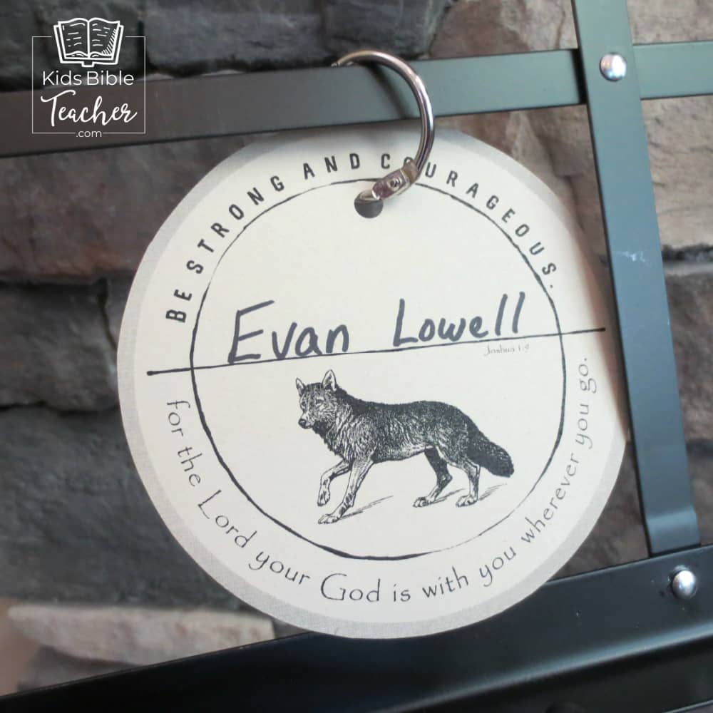 Printable Name Tags with Bible Verses featuring Wolf and Joshua 1:9