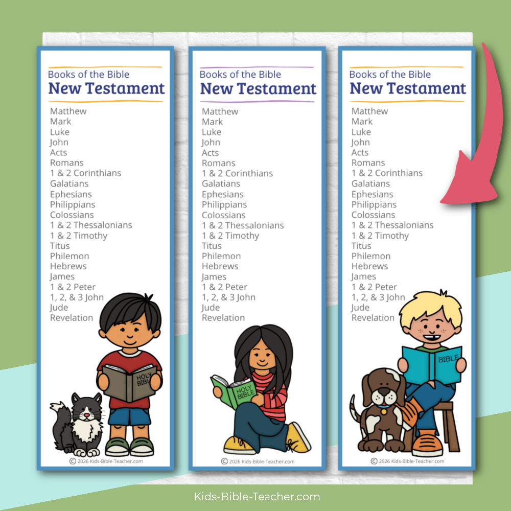 Several variations of the Books of the Bible Bookmarks for Kids, New Testament