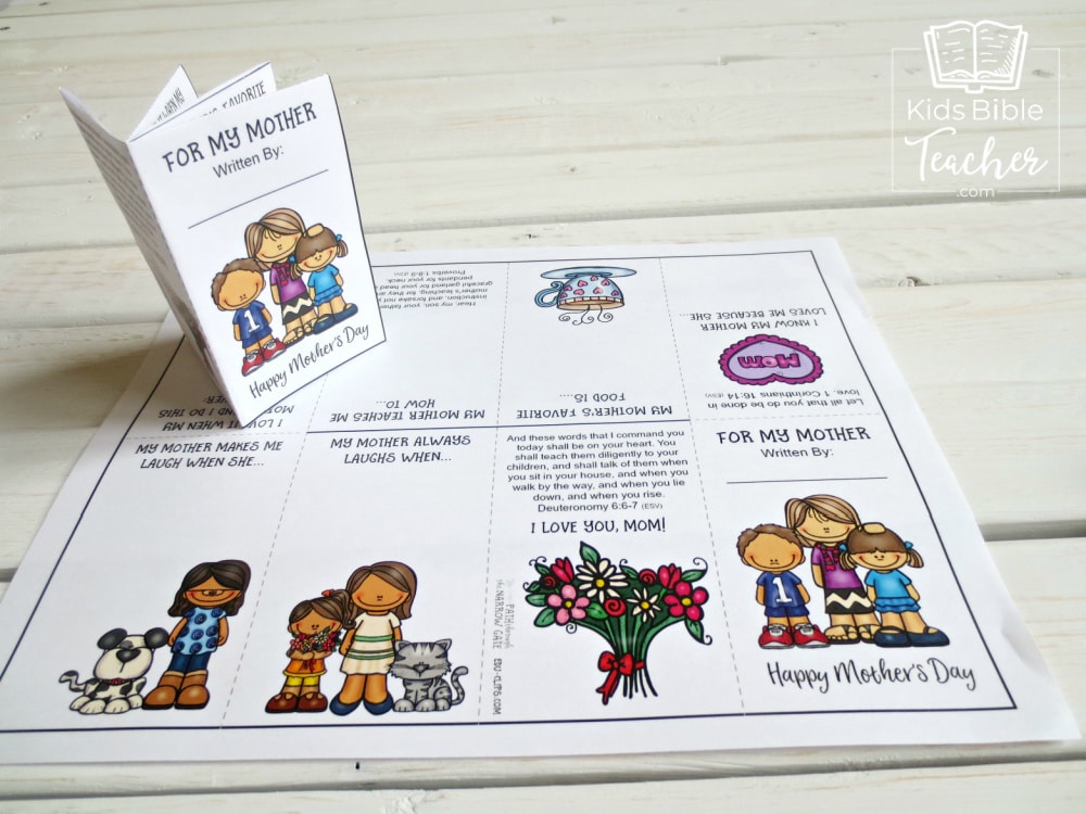 This fun little printable Mother's Day mini book is perfect to make in Sunday School or at home. This one page printable can be cut and folded into a multi-page book. Your kids will love finishing the sentence prompts and giving the book to their moms.