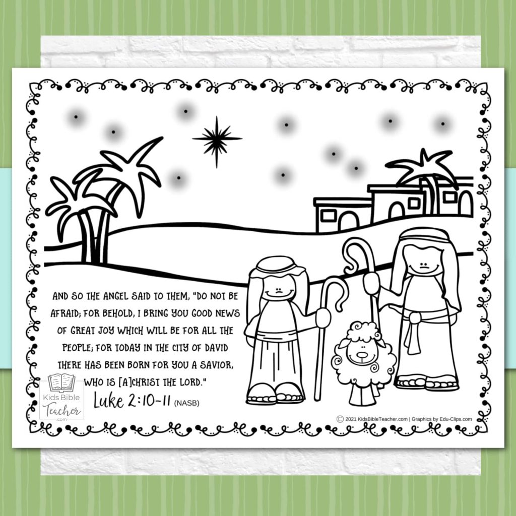 Christmas Bible Coloring Page for Kids featuring Luke 2:9-11 Nativity Bible Verse