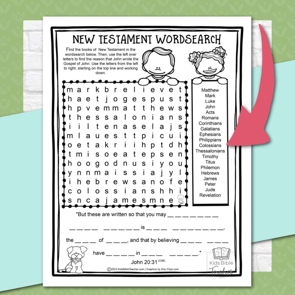 New Testament Books of the Bible Wordsearch Activity Page for Kids