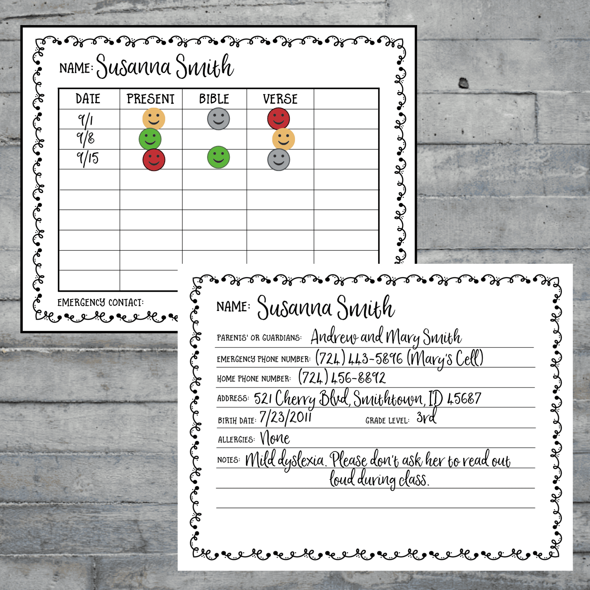 These printable Sunday School attendance cards are perfect for keeping track of attendance on the front and important student info on the back. I can't believe they're free. Best attendance cards I've seen.
