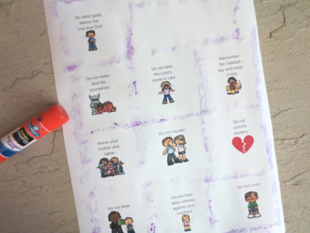 Ten Commandments Craft for Kids image of back page with glue