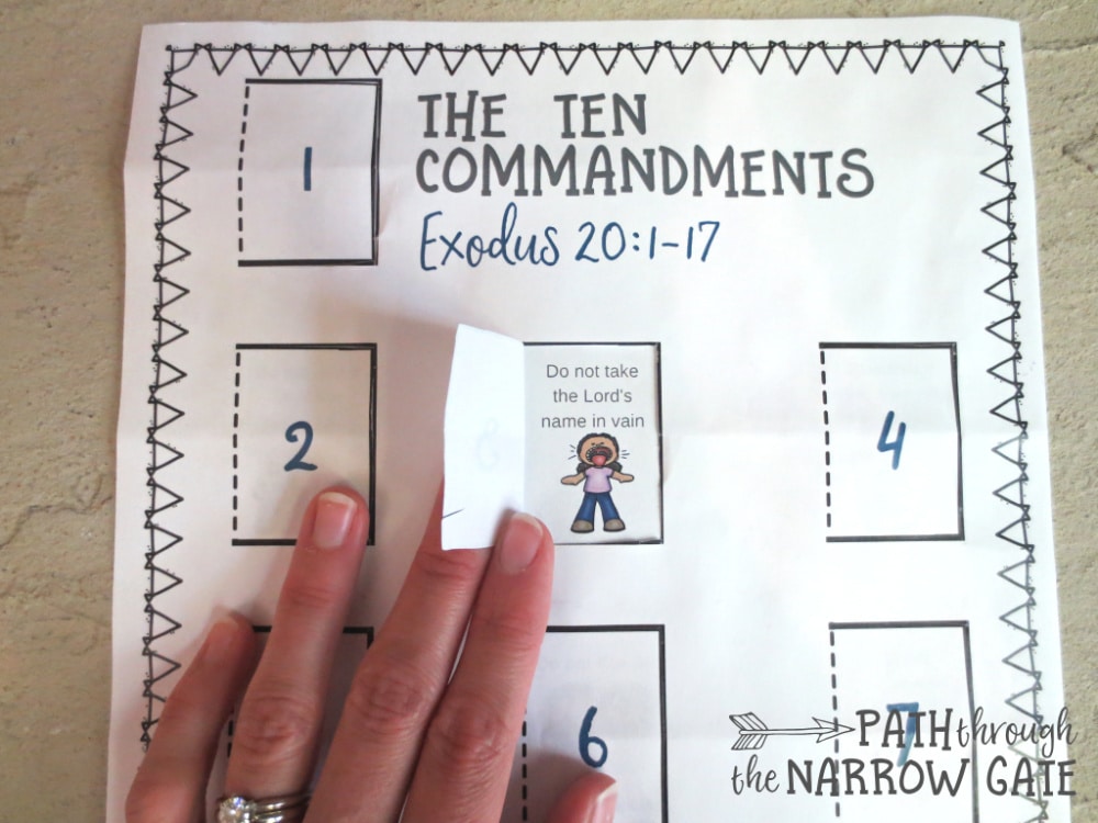 Ten Commandments Craft for Kids image of close up of craft with door 3 open to reveal "Do not take the Lord's name in vain"