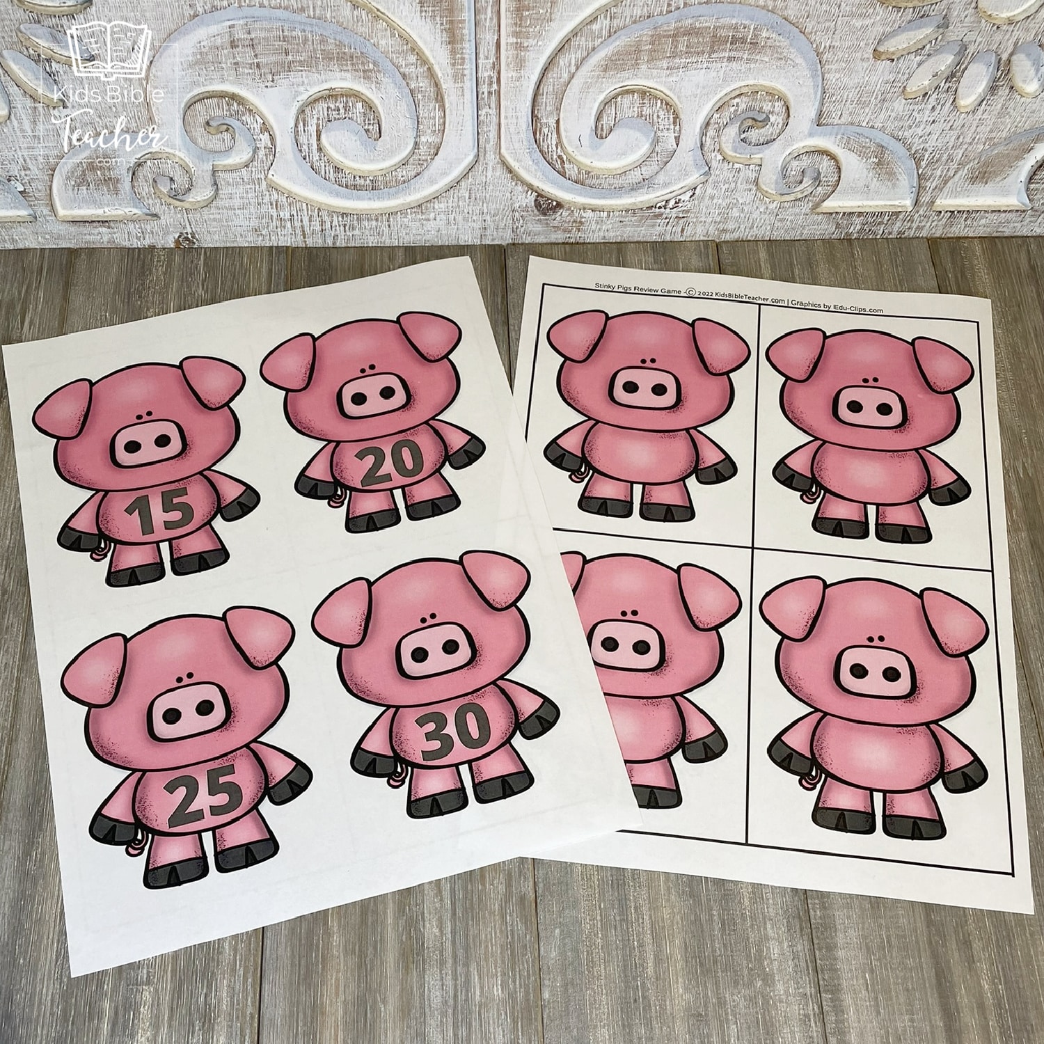 Picture of Stinky Pigs printable Bible Lesson Review Game Cards printed out