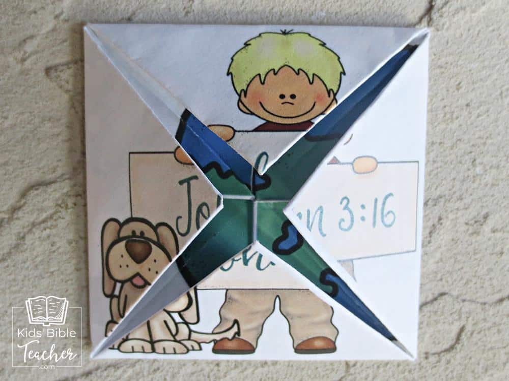 This John  3:16 folded puzzle is a fun little origami craft that unfolds  to reveal the message of John 3:16. | Kids Bible Teacher.com