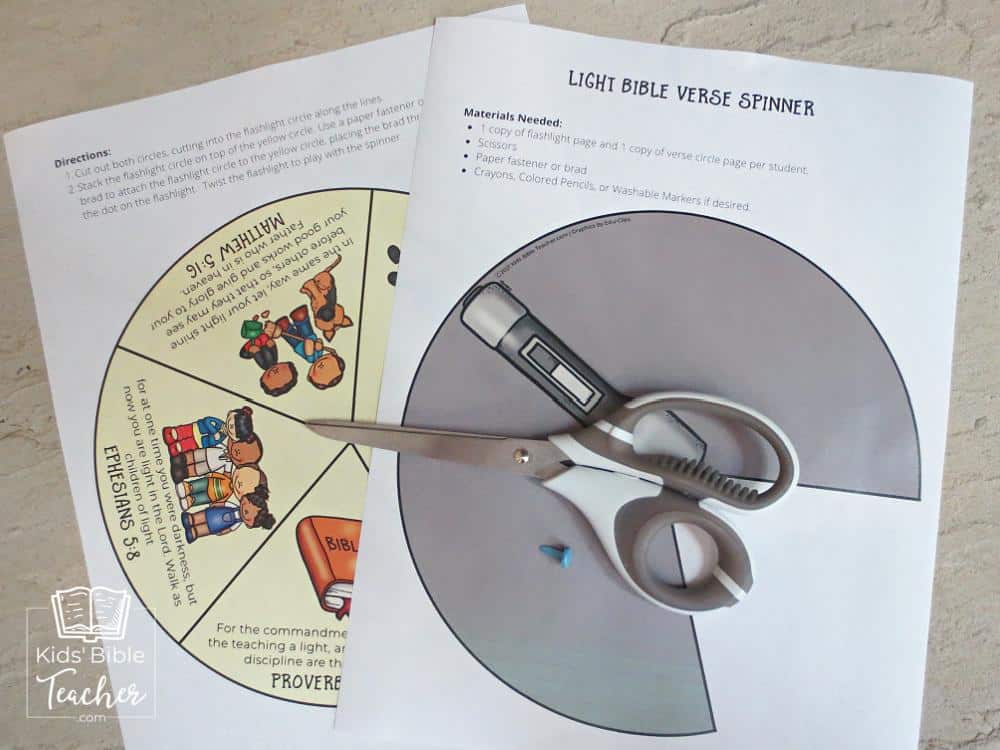 Image showing the Bible Is My Light templates printed out plus scissors and paper fastener or brad.