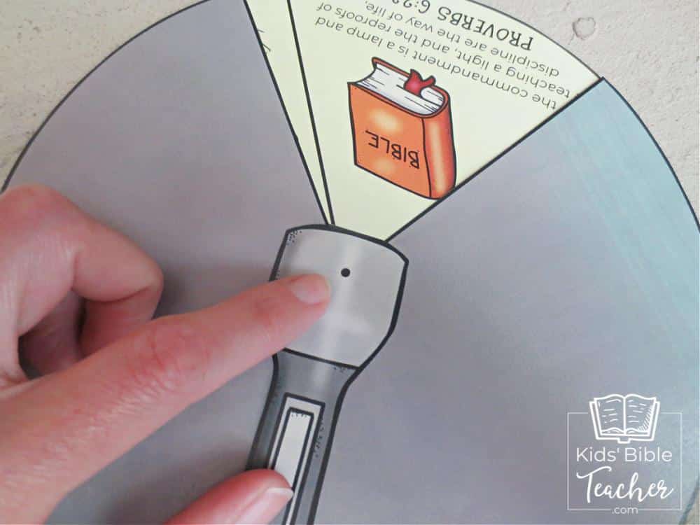Image showing where to place the paper fastener in the Bible is My Light Spinner Craft.