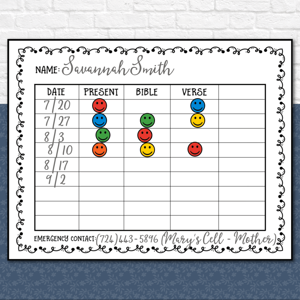 Sunday School Attendance Chart Template