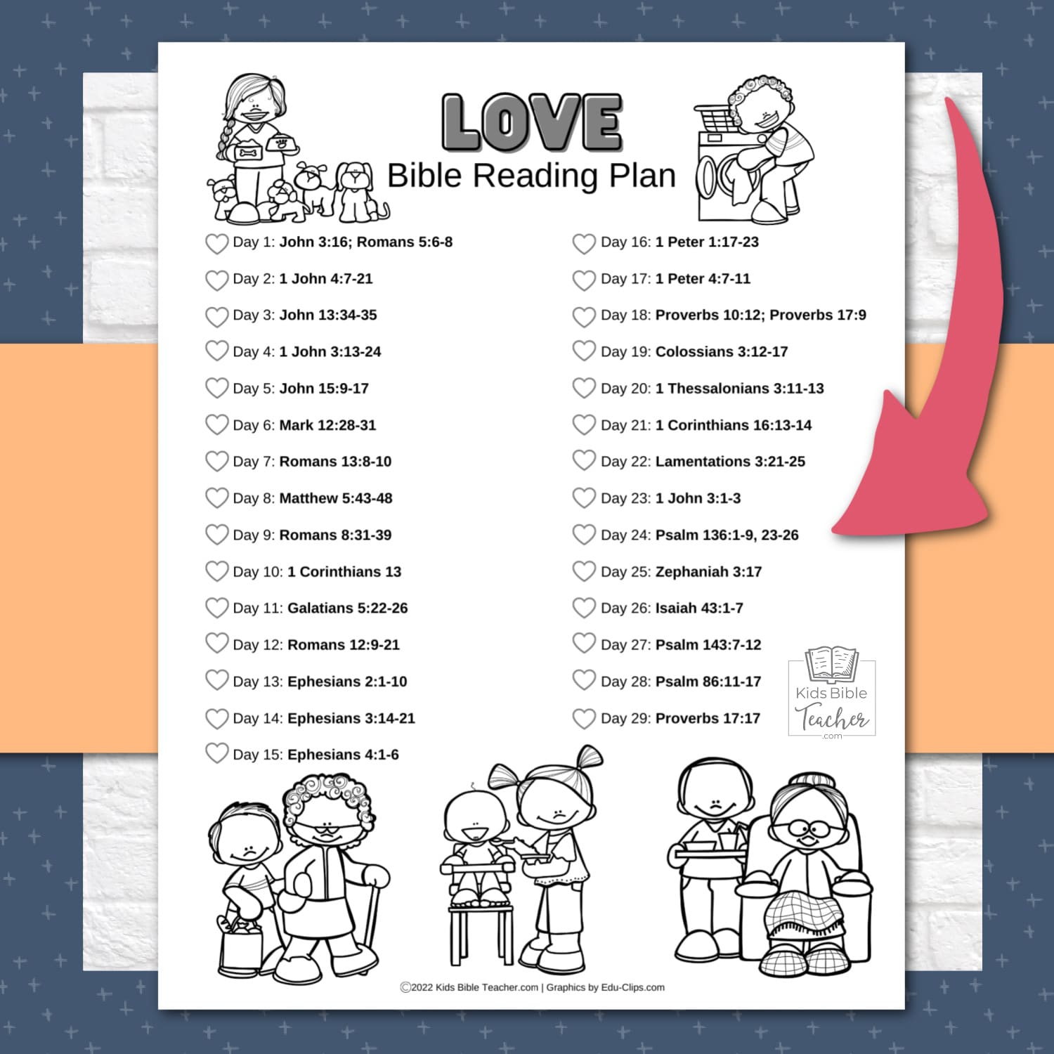Love Bible reading plan for kids image of black and white page