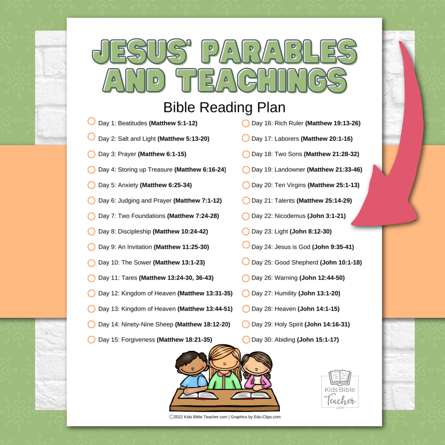 Help your kids deepen their faith with this FREE printable Jesus' Parables and Teachings Bible reading plan for kids.