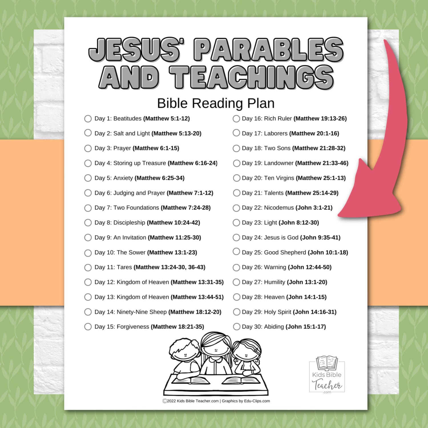 Help your kids deepen their faith with this FREE printable Jesus' Parables and Teachings Bible reading plan for kids.