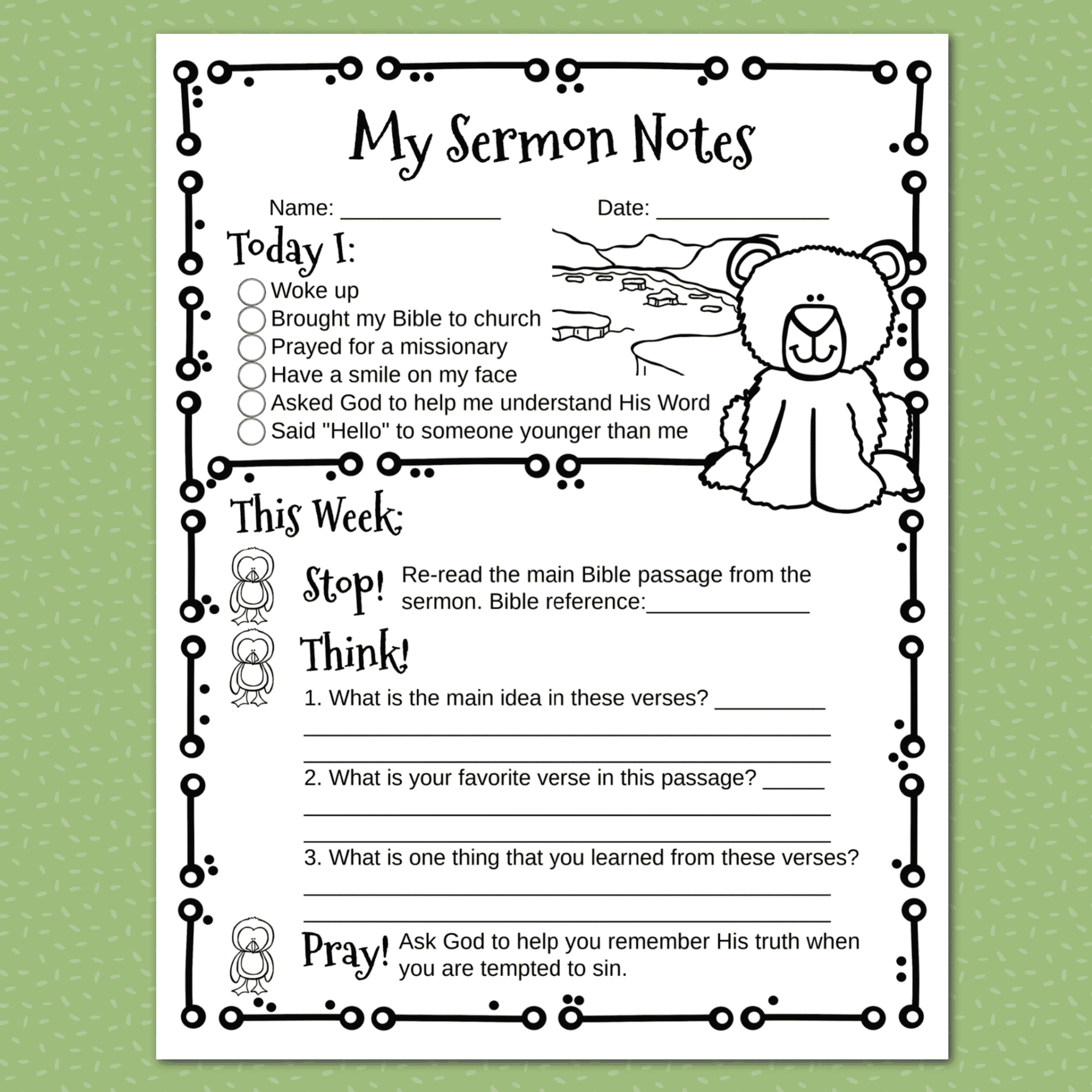 Animal Sermon Notes for Kids - Kids Bible Teacher