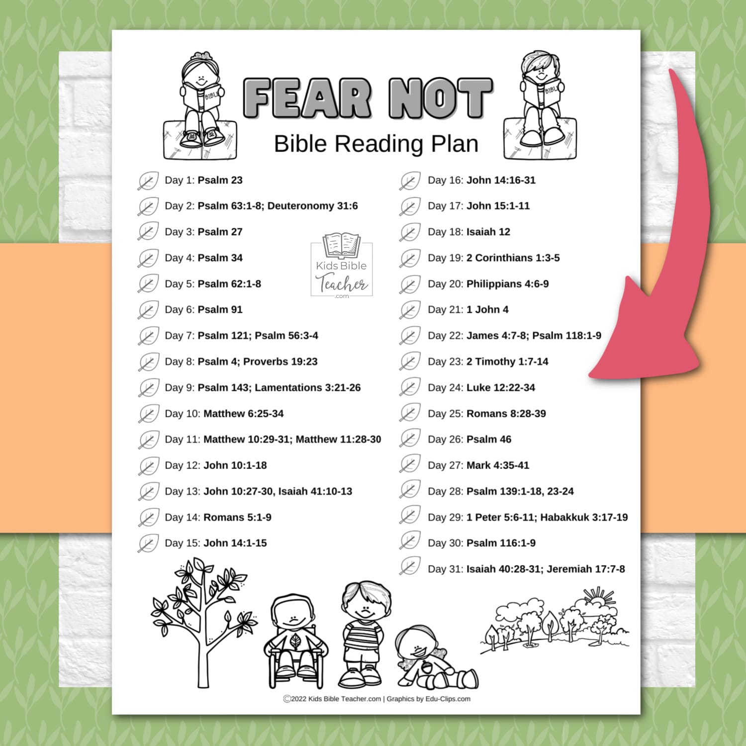 Fear Not Bible Reading Plan for Kids image of page in black and white