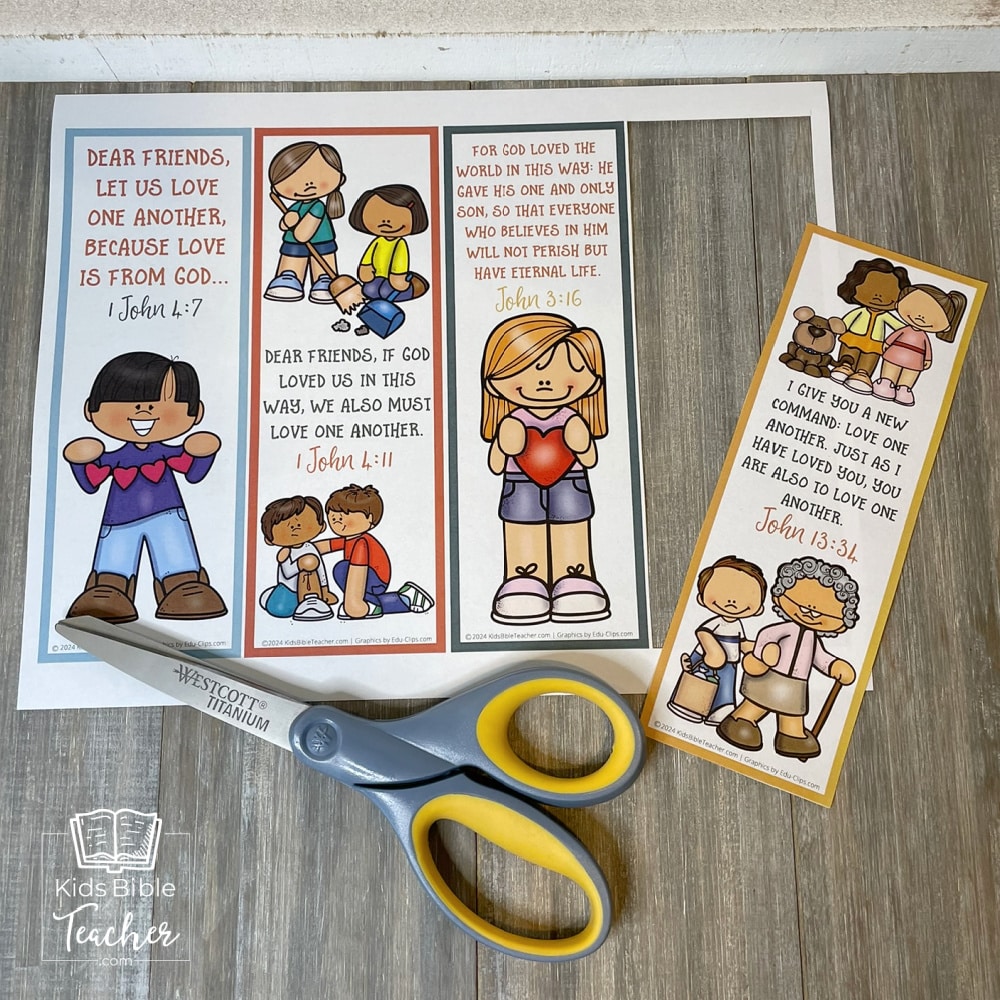 Picture of the full page of God's Love Bookmarks with Valentine's Bible Verses  printed, with one bookmark cut out