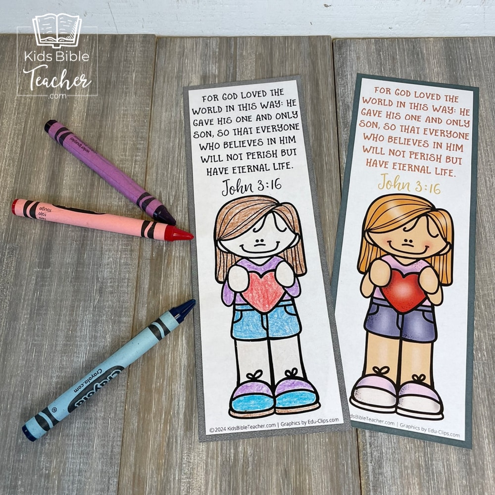 Picture of two of the God's Love Bookmarks with Valentine's Bible Verses, one printed in black and white and colored, the other printed in full color