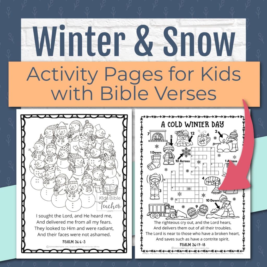 Winter Coloring Pages with Bible verses for kids image showing both snowman coloring page and North Pole crossword puzzle page
