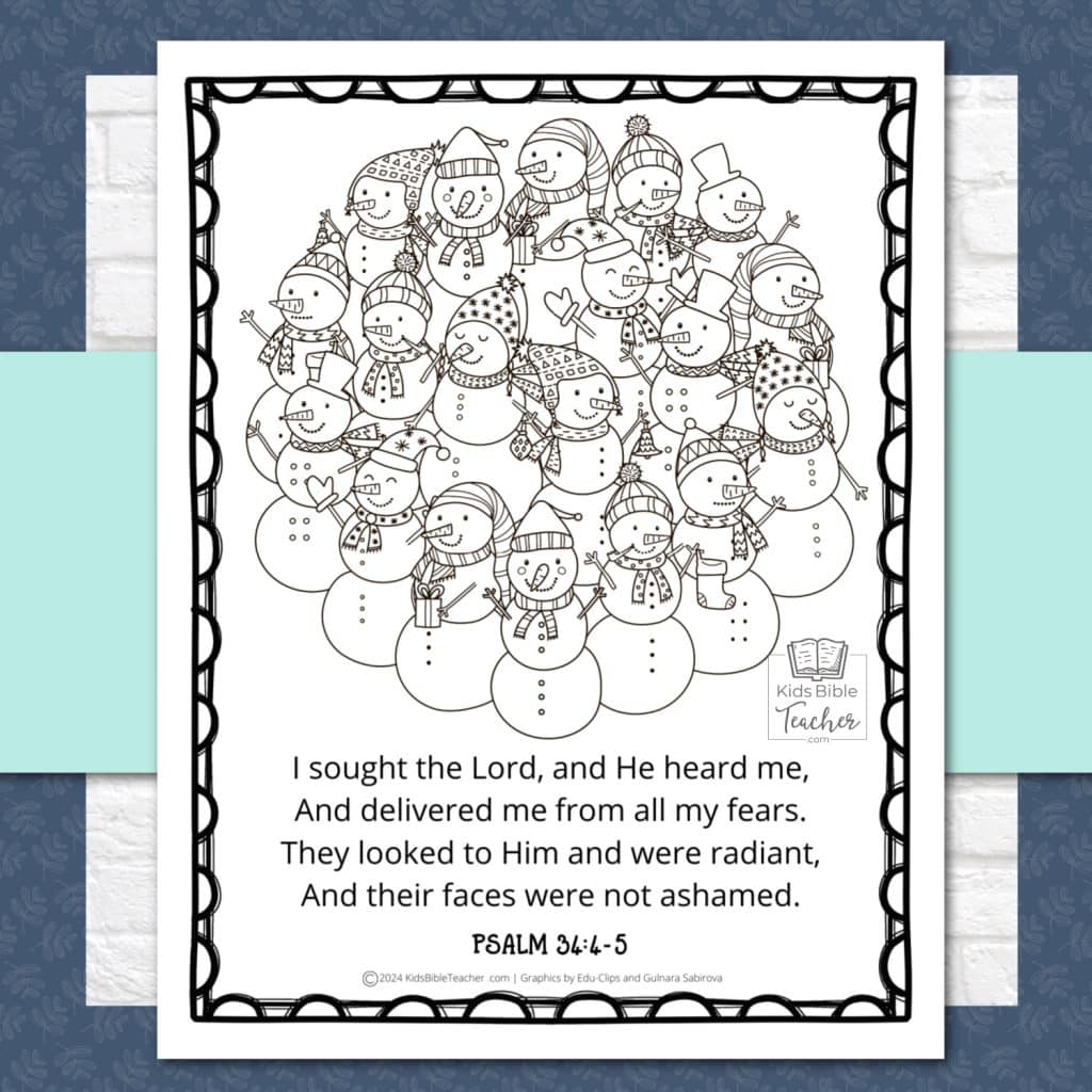 Winter Coloring Pages with Bible verses for kids image showing the snowman coloring page featuring Psalm 34:4-5