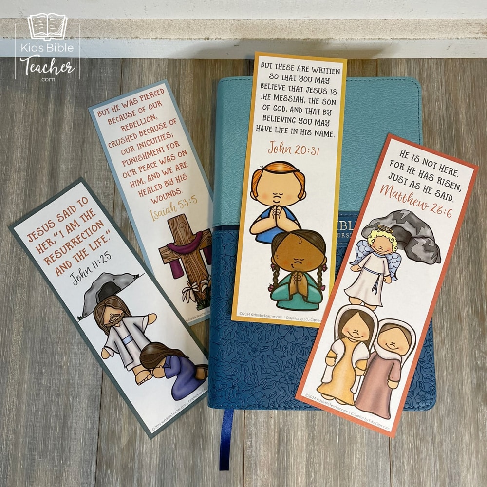 Image of 4 Jesus' Resurrection Bookmarks printed and laid on top of a Bible