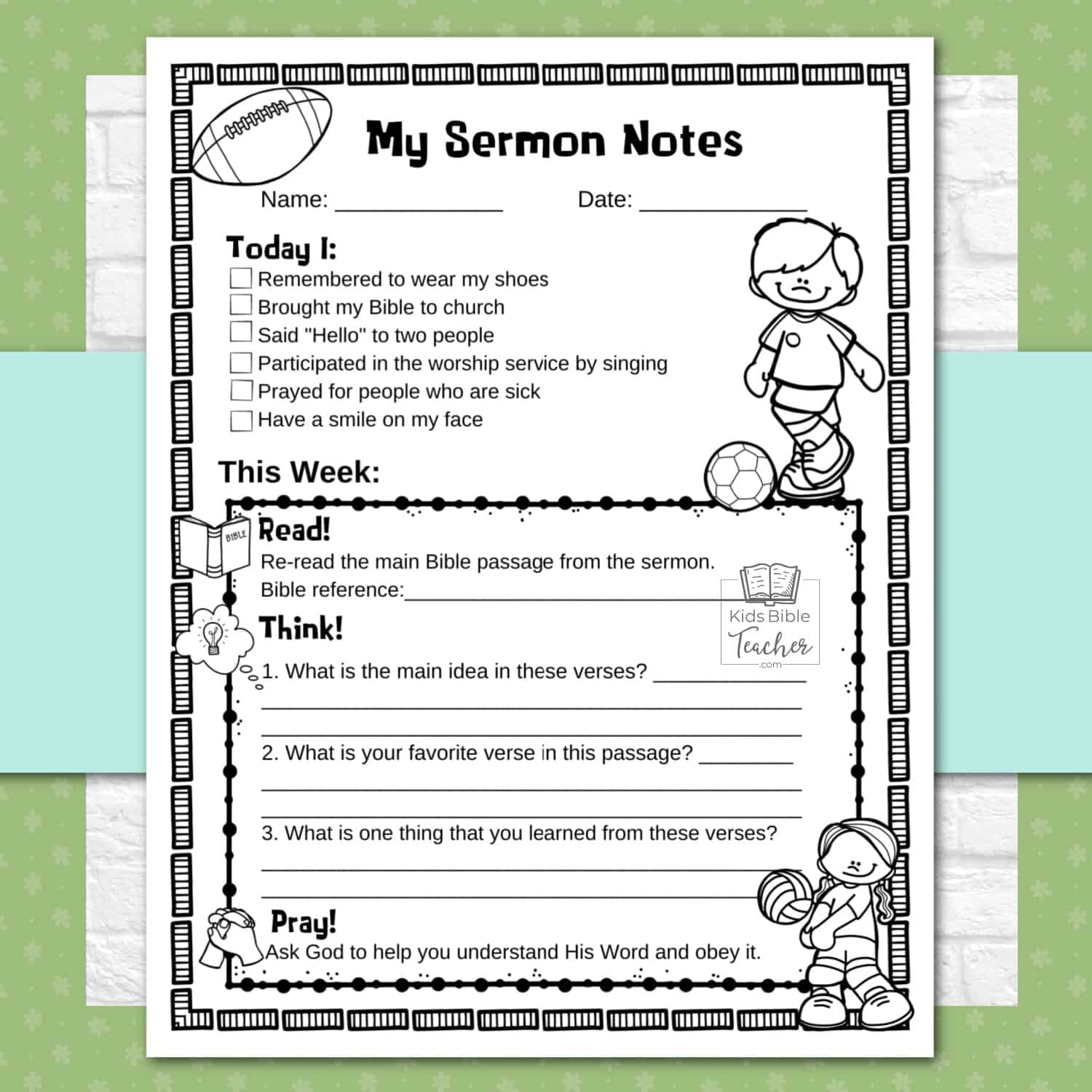 Summer Sermon Notes Page image of front of page with "Today I" and "This Week" sections