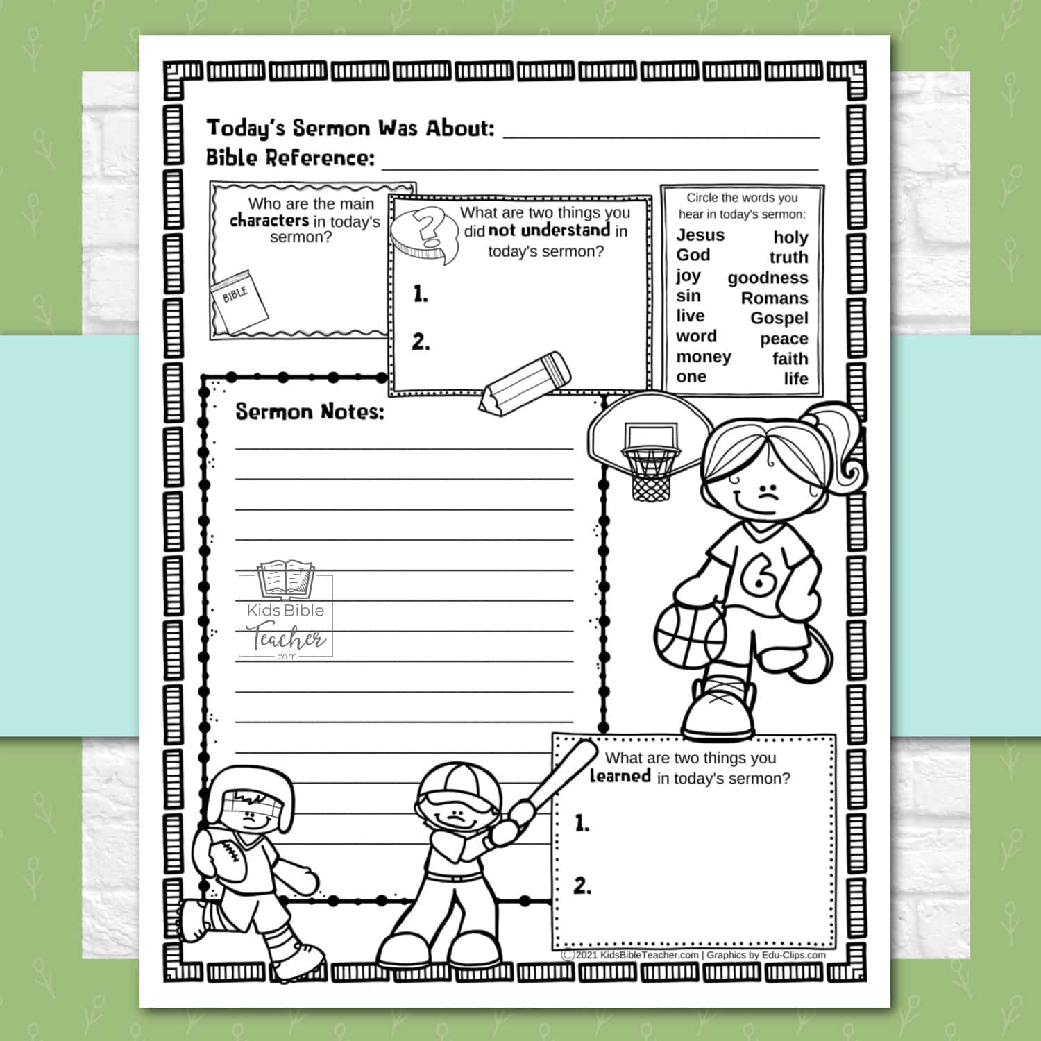 Image of 2nd side of Summer Sermon Notes Page for Kids with section for sermon notes, word bank, and question boxes.