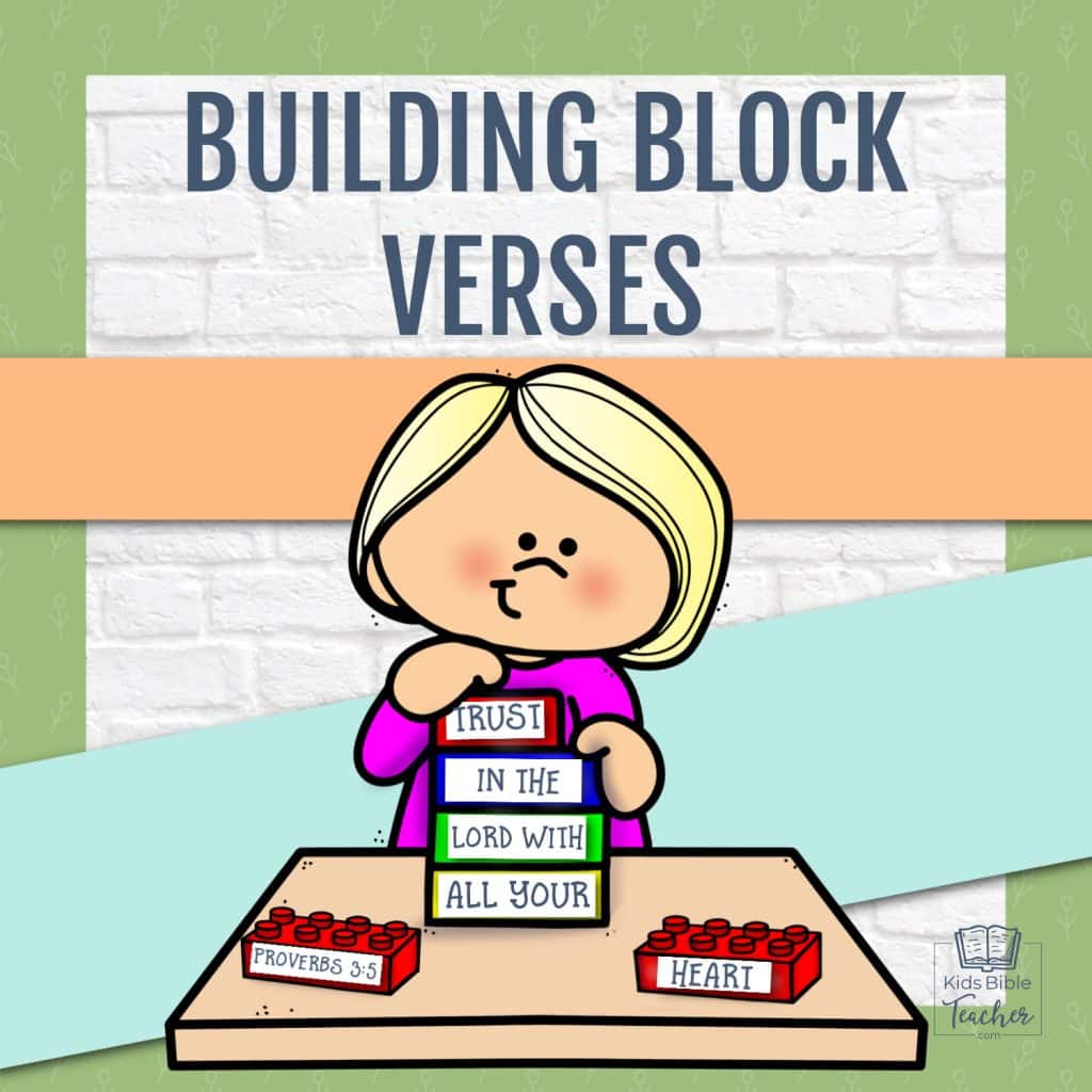 Bible Memory Verse Games Building Block Veses picture showing girl building a Bible verse taped to duplos