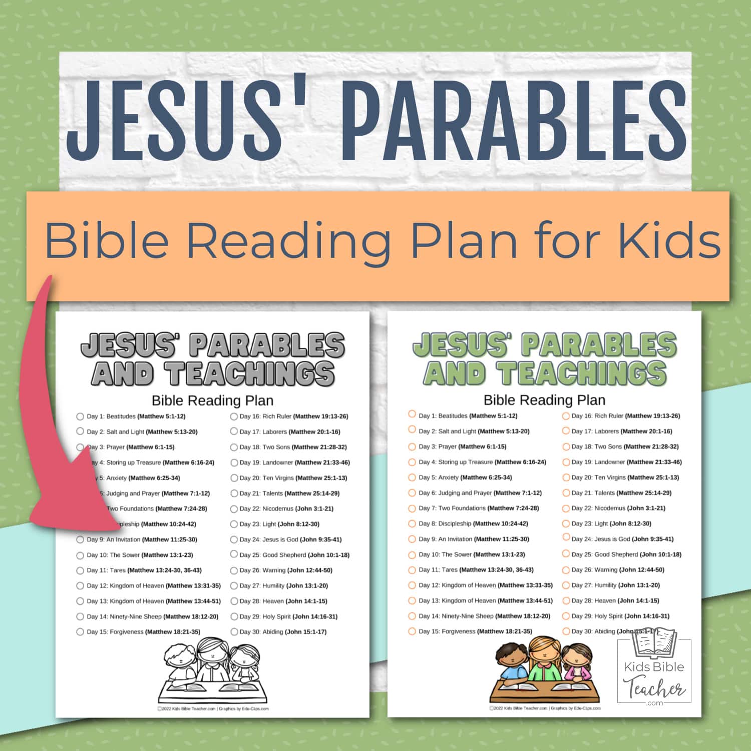 Jesus' parables Bible reading plan for Kids image showing page in full color and black and white