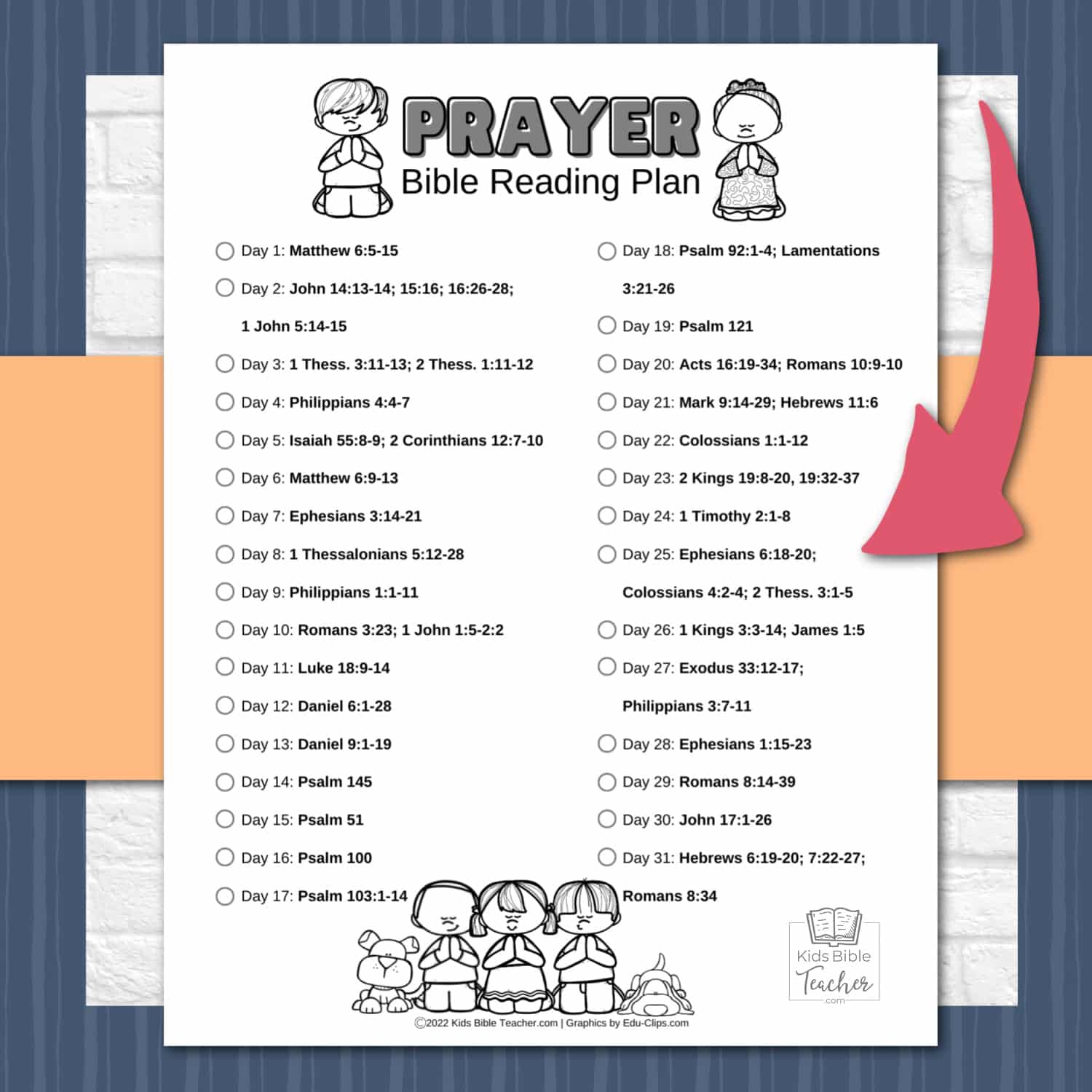 Prayer Bible Reading Plan for Kids showing printable page in black and white with Prayer Bible Verses to read and checkboxes