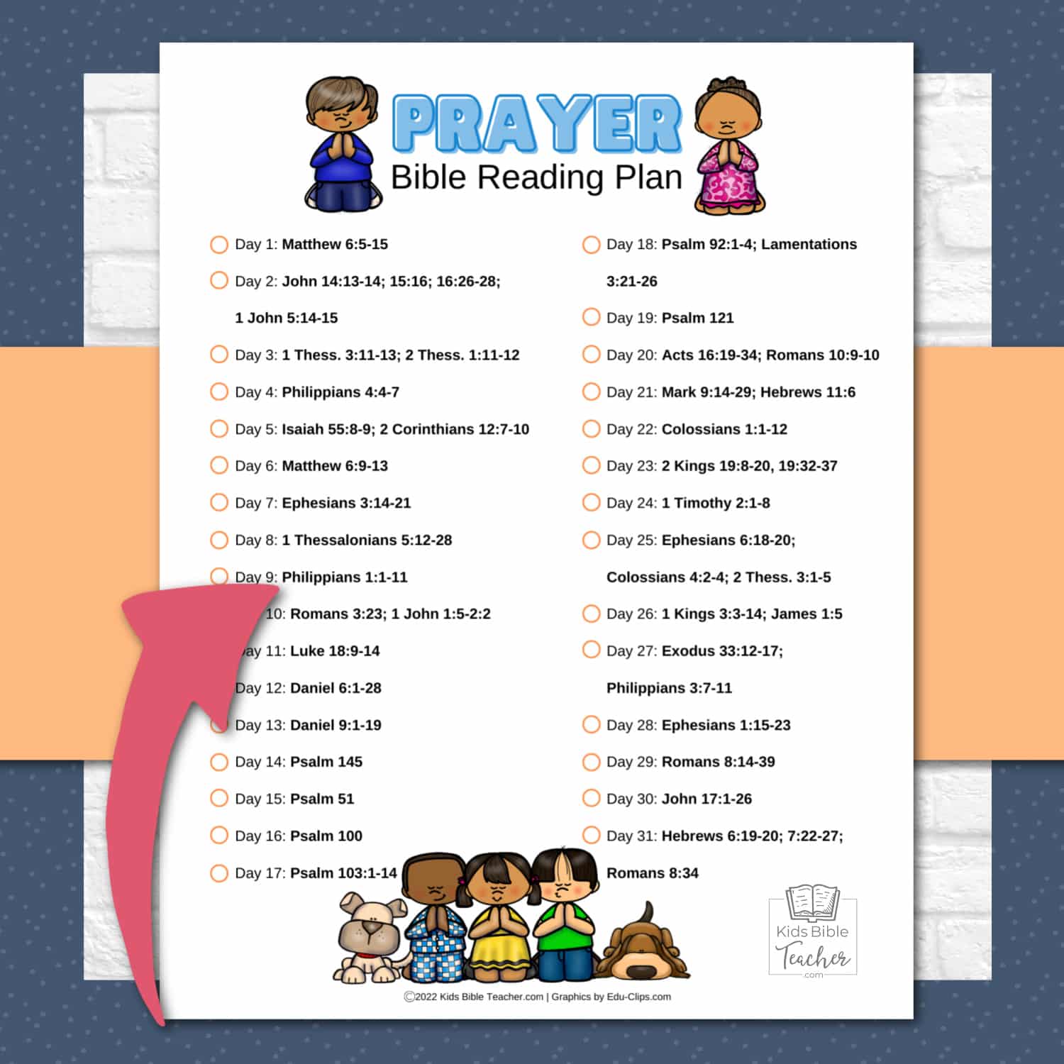 Prayer Bible Reading Plan for Kids showing printable page with Prayer Bible Verses to read and checkboxes