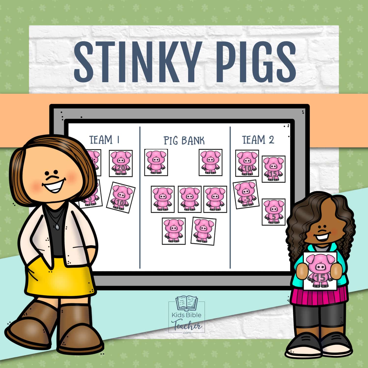 Stinky Pigs Bible Lesson Review Game for Sunday School Image showing pigs on dry erase board with teacher and student